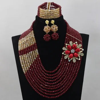 

2017 Amazing Wine Red Nigerian Necklace Set Champagne African Jewelry Sets Gold Crystal Party Beaded Jewelry Free Shipping QW179