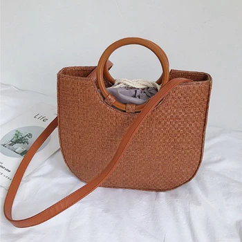 

Women Straw Shoulder Bag Fashion Round Wooden Handle Handbag Brand Designer Summer Beach Travel Bags Tote Handbag Casual 2020