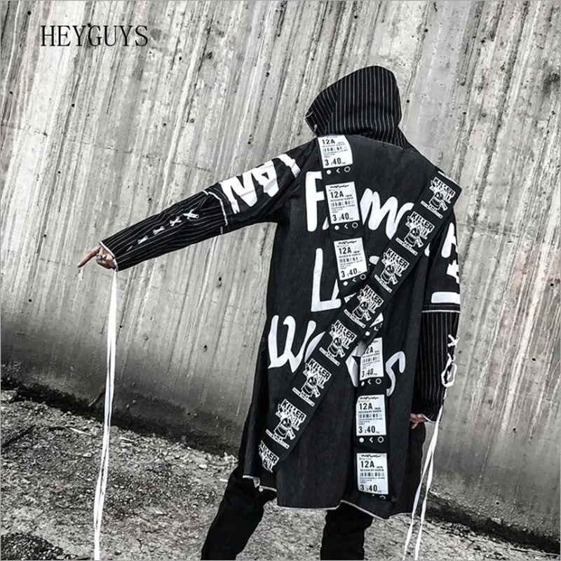 

HEYGUYS Dropshipping Suppliers Usa 2018 Spring Hip Hop Jacket Men Jenas Coat Cross ribbon decorative metal ring hooded coat