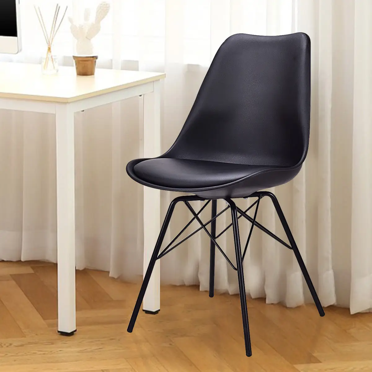 Giantex Set of 2pcs Dining Side Chair Upholstered Armless with Padded Seat Metal Legs Black Modern Home Furniture HW56508BK