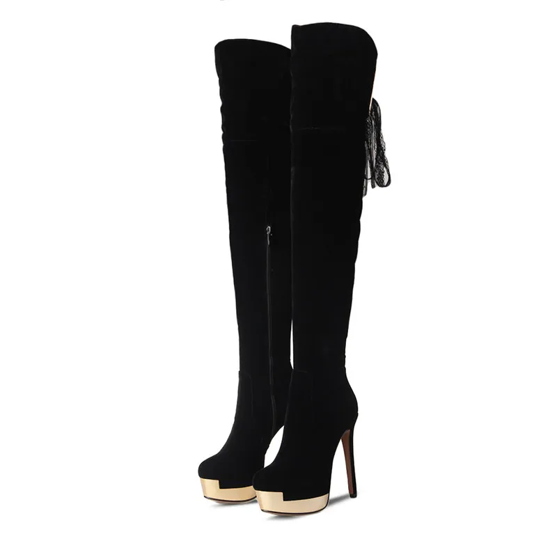 MORAZORA/обувь на высоком каблуке; женские ботфорты; сезон осень-зима; ботинки на платформе; Женская Модная элегантная однотонная обувь из флока - Цвет: Черный