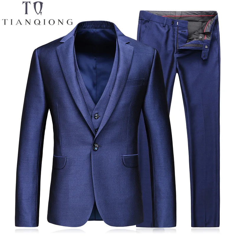 

TIAN QIONG Mens Suits Slim Fit (Jacket+Vest+Pants) Set Modern Latest Coat Pants Designs Solid Color Blue Tuxedo Prom Suits 2017