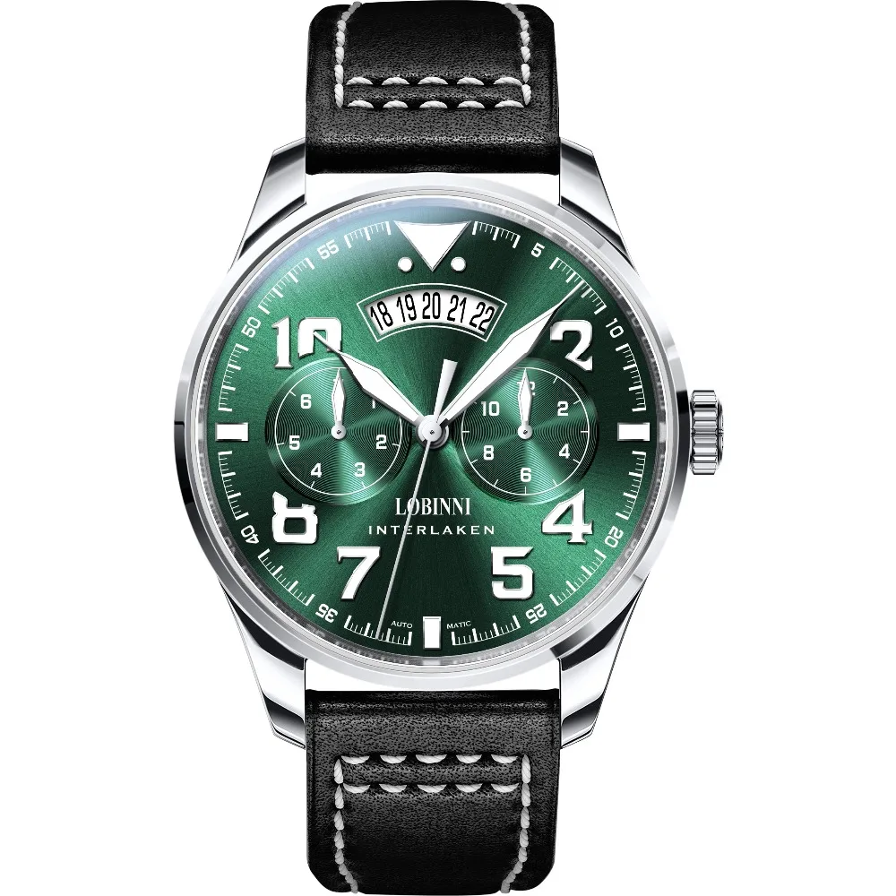 

LOBINNI Mens Business 50M Waterproof Leather Strap Fashion Pilot Big Dial Automatic Self-wind Mechanical Wrist Watch - Silver