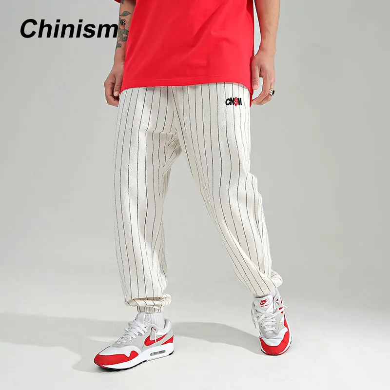 

CHINISM Four Seasons New Classic Stripes Men's Casual Pants Man's Trousers Vintage Linen&C Mens Harem Pants Black White