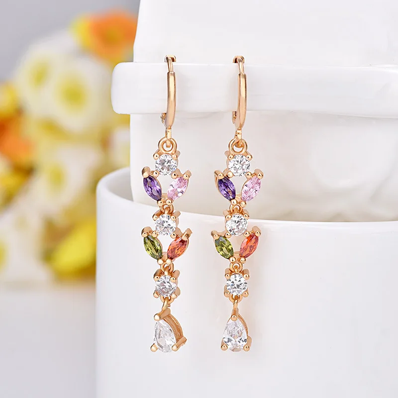 Boho Female Rainbow Leaf Earrings Fashion Cute Colorful Stone Double Long Big Hoop For Women | Украшения и аксессуары