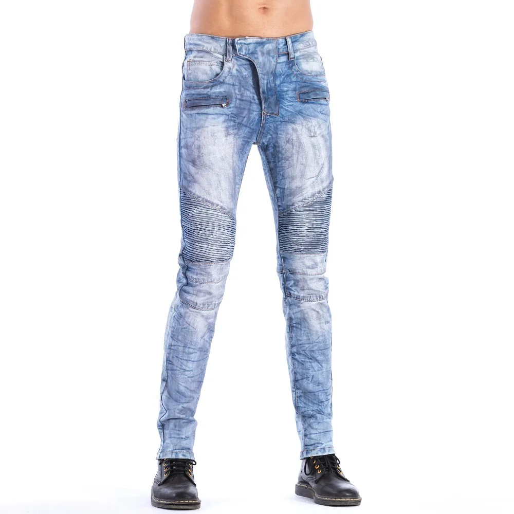 Denim biker dirty zipper jeans Mens skinny runway distressed slim