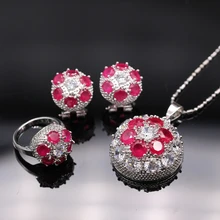 Прекрасные круглые ювелирные изделия натуральный красный AAA кубический цирконий белое золото заполненный кулон ожерелье серьги кольцо набор украшений для женщин