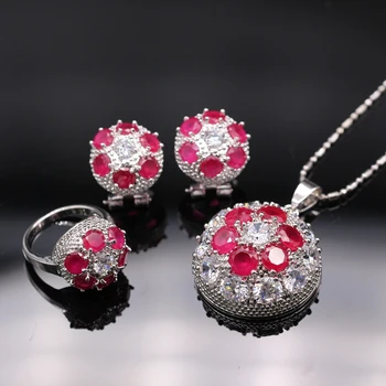 

Lovely Round Jewelry Natural Red AAA Cubic Zirconia White Gold Filled Pendant Necklace Earring Ring Jewelry Set For Women