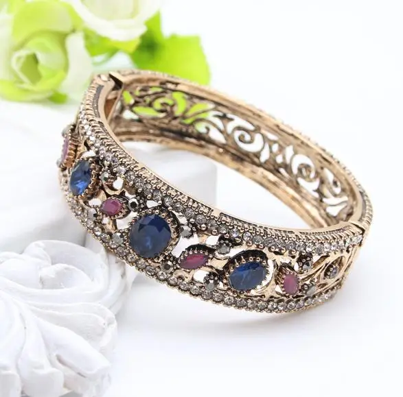 Sunspicems Vintage Indian Bangles Round Resin Bracelets for Women Antique Gold Color Turkish Jewelry Bohemia Cuff Bracelet Gift