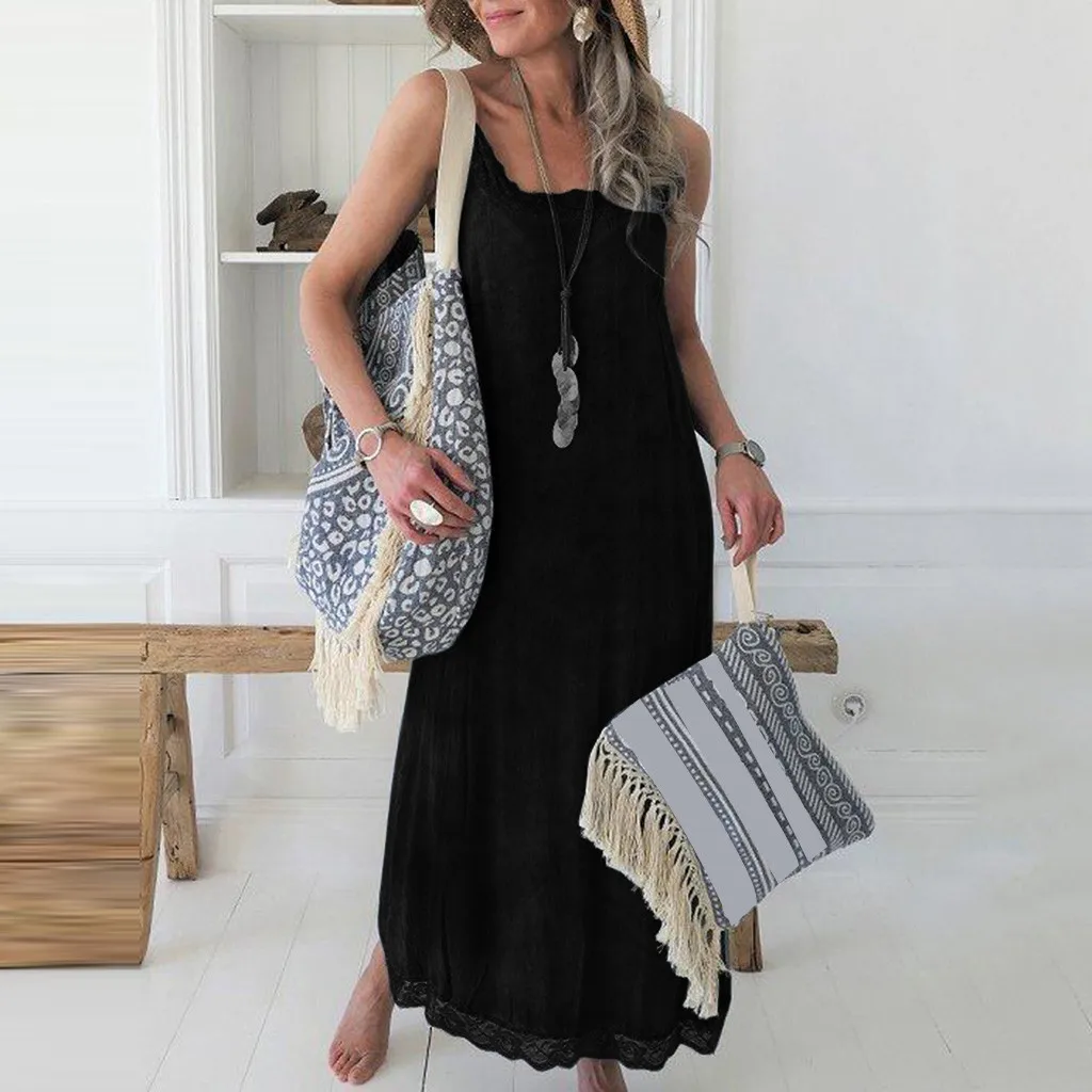 

Women Summer Casual Solid Sleeveless Dress Lace Splice Strap Long Dress Evening Party Dress Sundress Vestidos de festa XXXL #4