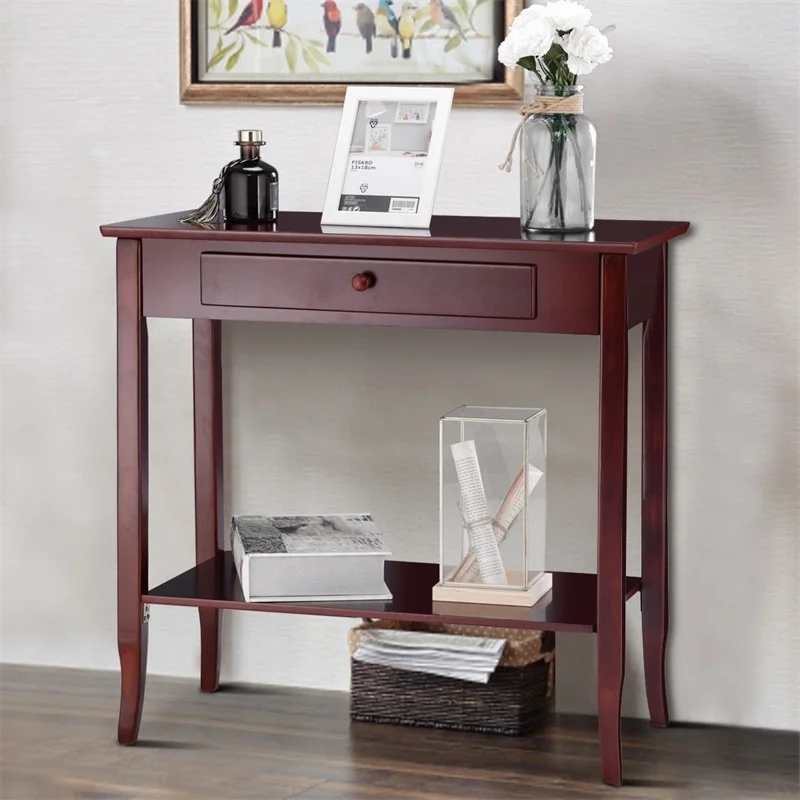 

Classic 2-Tier Console Table Porch Table w/ Drawer Durable MDF and Solid Wood Construction Practical Furniture Assembly HW57875