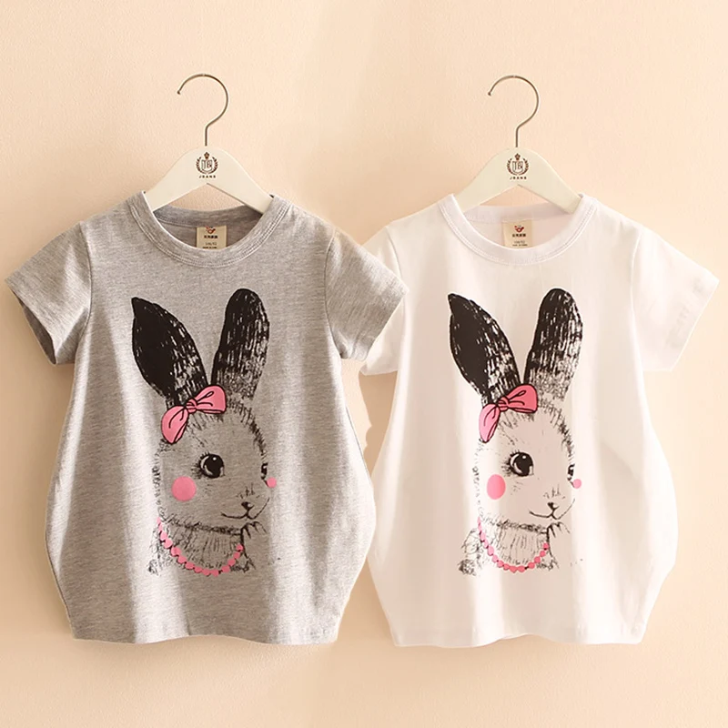 

2018 Hot Summer Female Children'S Cotton White Gray Baby Child Long Design Rabbit Print Short Sleeve Kids Girls Loose T-Shirt