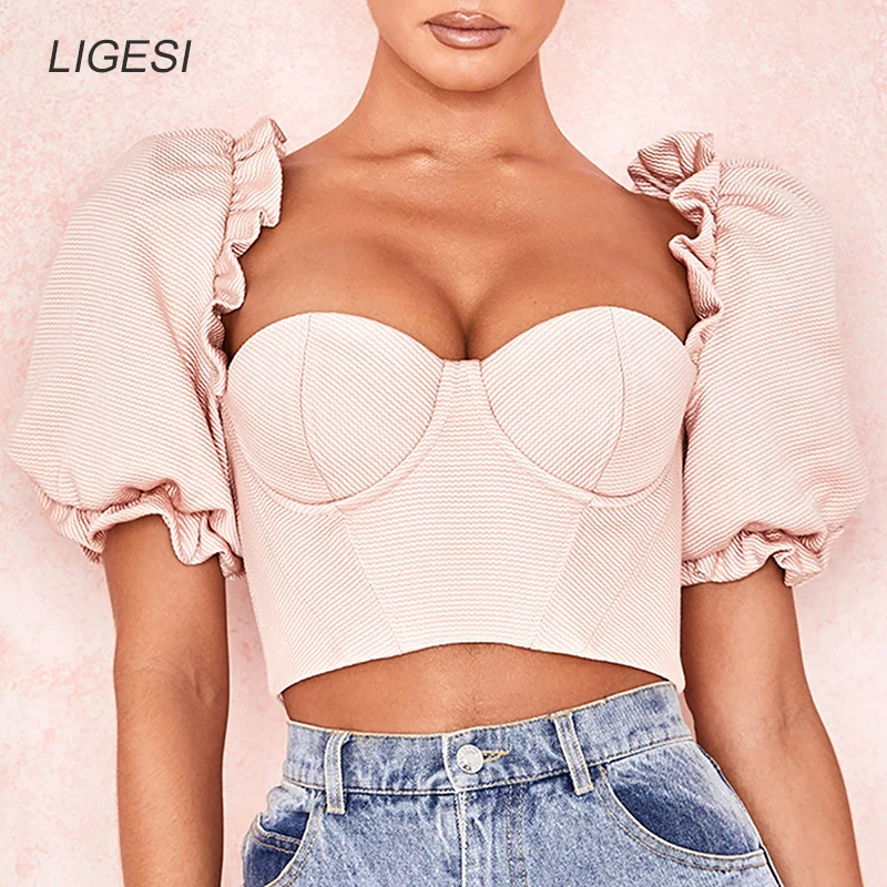 

Ruffles Sexy Puff Sleeve Camis Tanks Women Off Shoulder Streetwear Summer Cropped Clothes Crop Top Female Party Top 2019