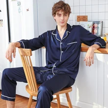 SSH0310, пижама высокого качества, Мужская Шелковая пижама, Весенняя пижама с длинными рукавами и штаны, 2 шт., пижамный комплект, Мужская шелковая пижама, Мужская пижама, ночное белье