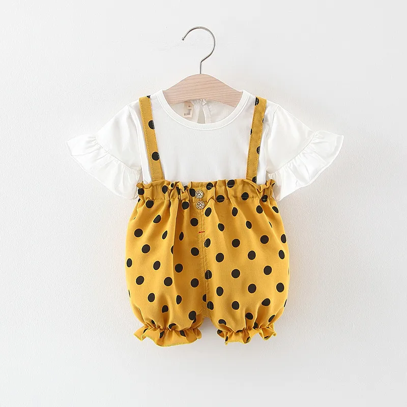 

2019 Summer Baby Girls Flare Sleeve T-shirt Tops + Polka Dot Overalls Pant Princess Kids Clothing Sets Cotton 2Pcs Suits