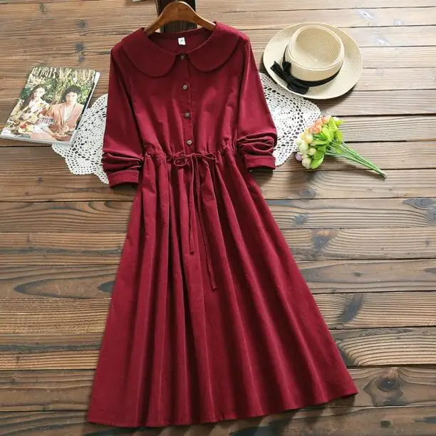 

Japan Mori Girl Corduroy Dress 2019 New Autumn Winter Women Doll Collar Long Sleeve Long Cotton Dresses Red DC721