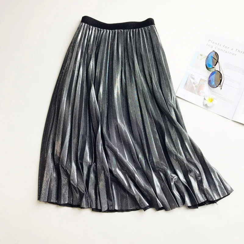 Летняя модная винтажная Серебристая золотая металлическая Повседневная Однотонная юбка миди с высокой талией длинные плиссированные юбки для женщин женские черные - Color: Silver