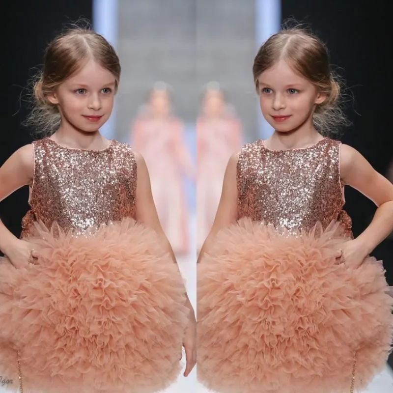 

Lovely Flower Girls Dress Jewel Neck Sequins Puffy Ruffles Tulle Girls Dresses For Wedding 2019 Custom Made Kids Birthday Gown