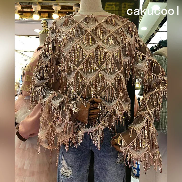 Женская блузка с блестками Cakucool шикарные блузки длинными расклешенными рукавами
