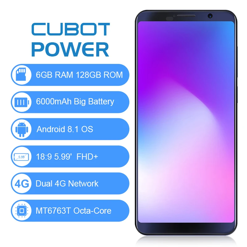 Cubot мощность 6 ГБ ОЗУ 128 Гб ПЗУ Android 8,1 18:9 5,99 'FHD+ полный экран MT6763T Восьмиядерный 6000 мАч телефон двойной 4G сеть 6P объектив