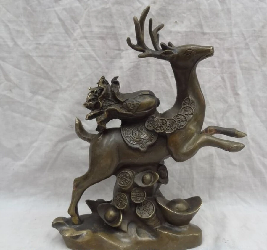 

11" China Bronze Copper Animals Cai Cabbage YuanBao Coin Up Running Deer Statue