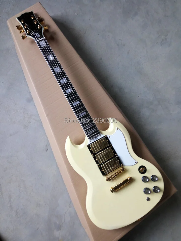 Factory Direct sg milk yellow electric guitar 3 pickups Ebony Fingerboard gold hardware one piece sg electric guitar free ship