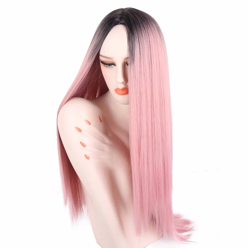 

Deyngs 30inch Long Straight Ombre Light Pink Synthetic Wigs for Black/White Women Middle Part Wigs Dark Roots Heat Resistant Wig