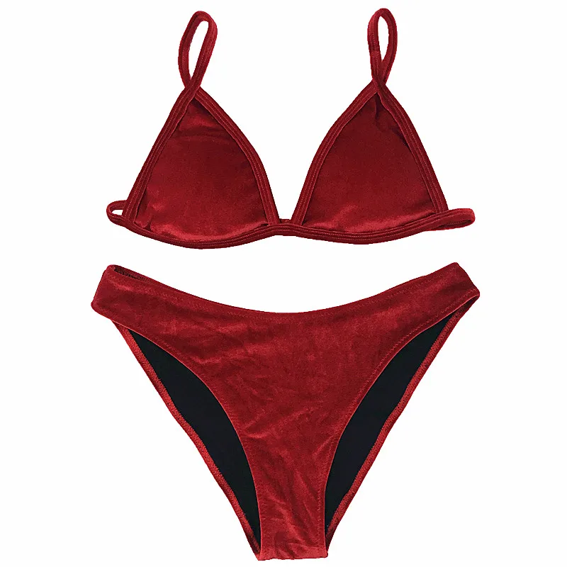 Бархатный комплект бикини, женский купальный костюм, монокини, боди, купальный костюм, Холтер, стринги, пляжная одежда для плавания, Cikini - Цвет: Red