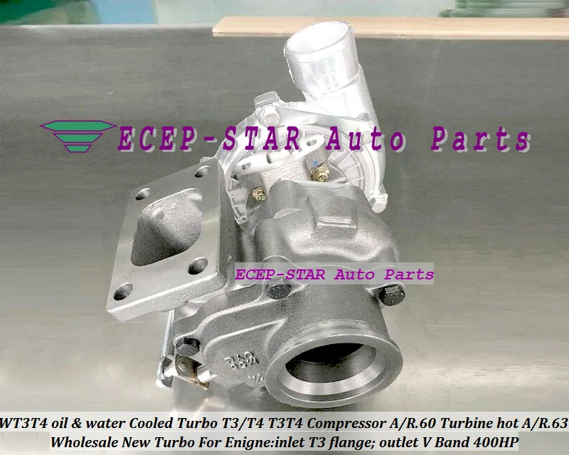 WT3T4 oil Cooled Turbo T3T4 T3T4 Internal Wastegate;Compressor AR .60 Turbine hot AR.63 inlet T3 flange;outlet V Band 400HP  (2)
