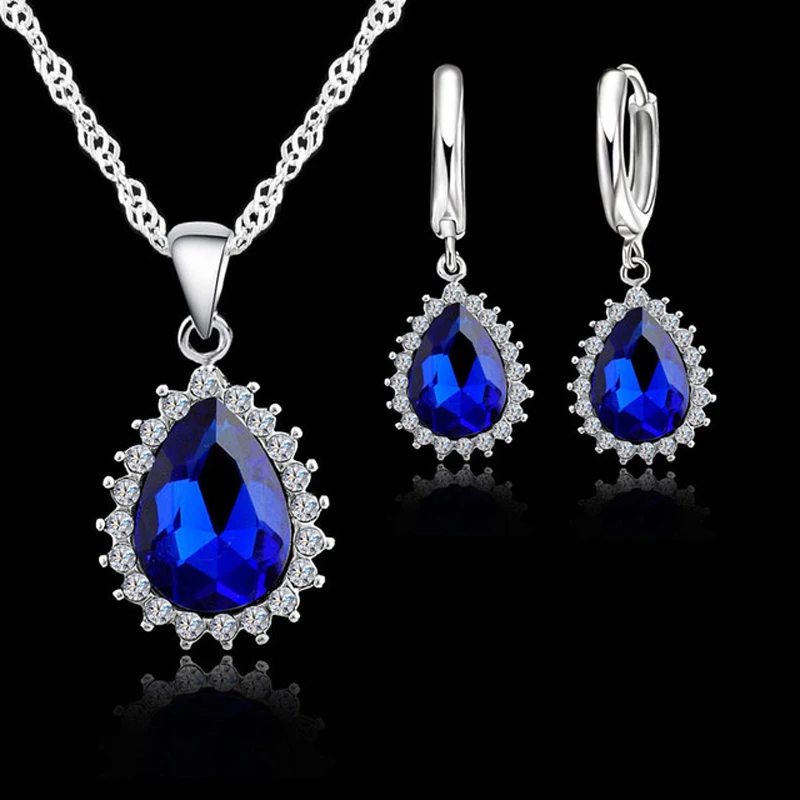

Water Drop Pendants Necklaces Earring Set For Women Wedding 925 Sterling Silver Cubic Zirconia Jewelry Sets Anniversary