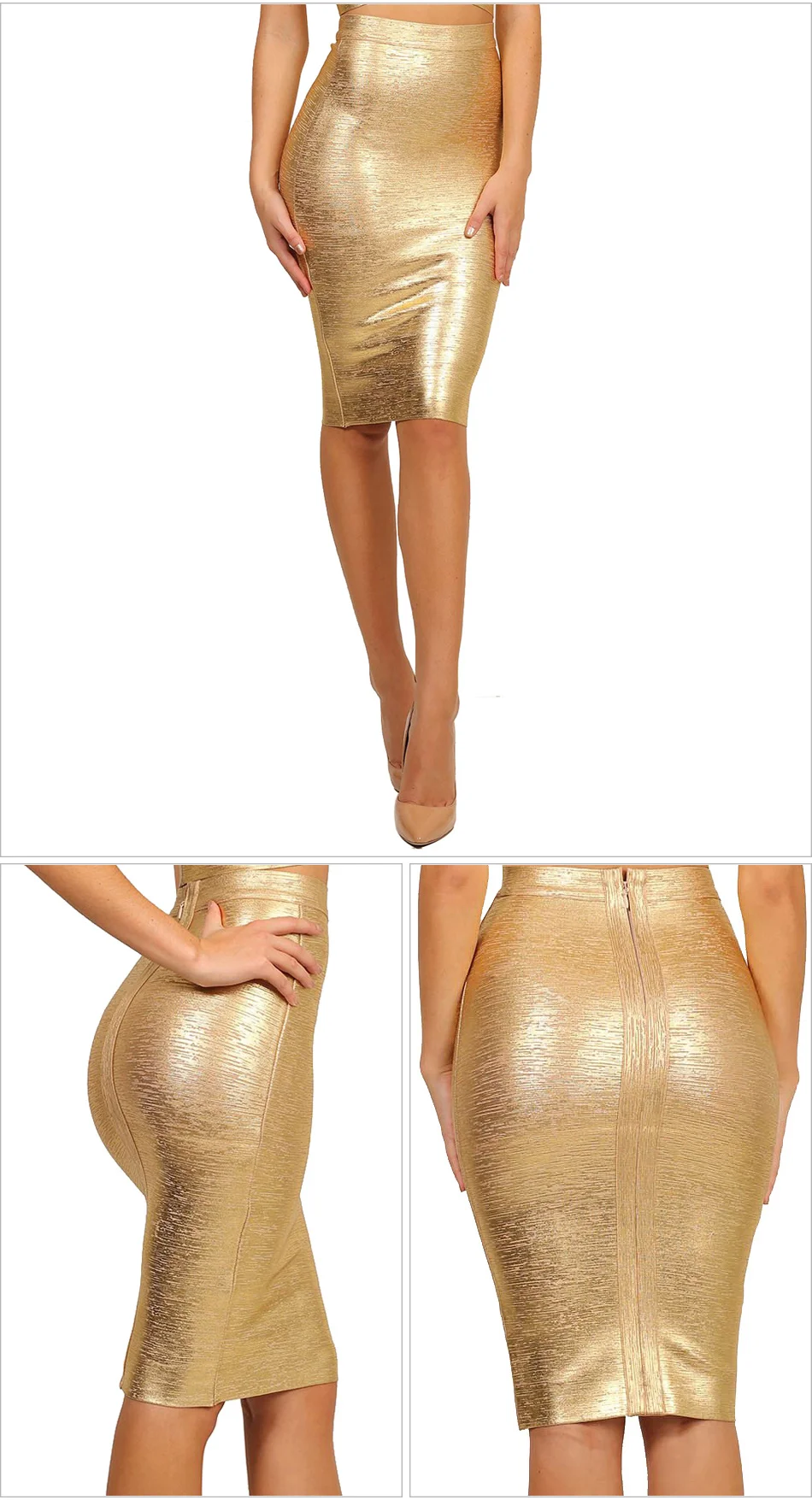 Пикантная однотонная облегающая юбка с завышенной талией из вискозы золотого и серебряного цвета длиной до колена, вечерние юбки
