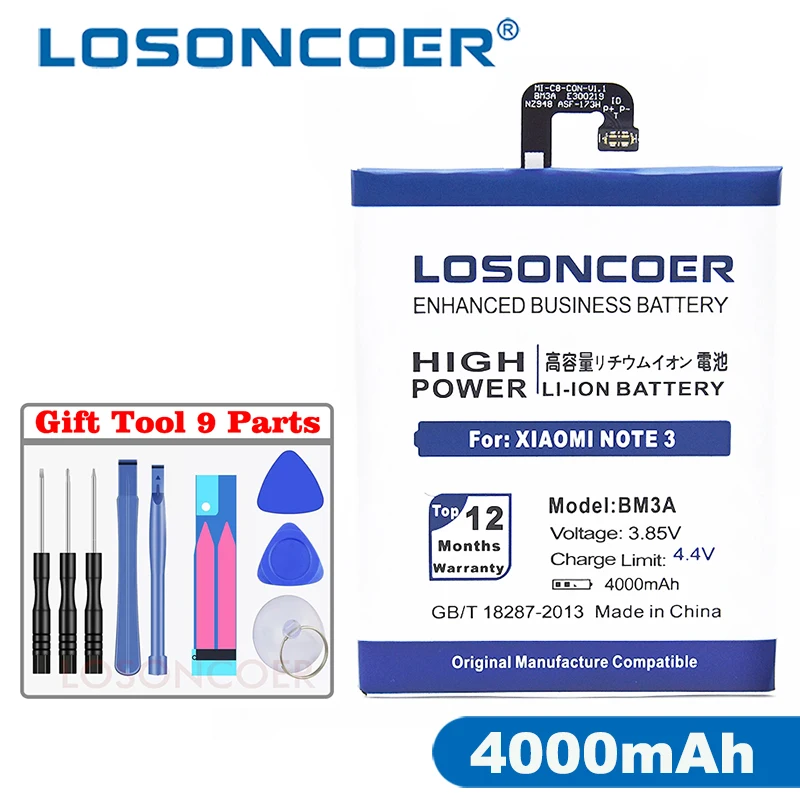 

LOSONCOER 3900mAh BM3A High Capacity Battery For Xiaomi Mi Note 3 Note3 Battery +Tools