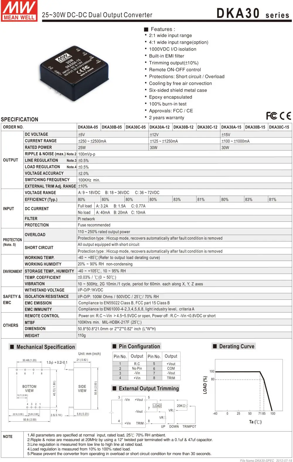 [Powernex] означает хорошо dka30a-12 12 В 1250mA Meanwell dka30 12 В 30 Вт dc-dc регулируется двойной Выход конвертер