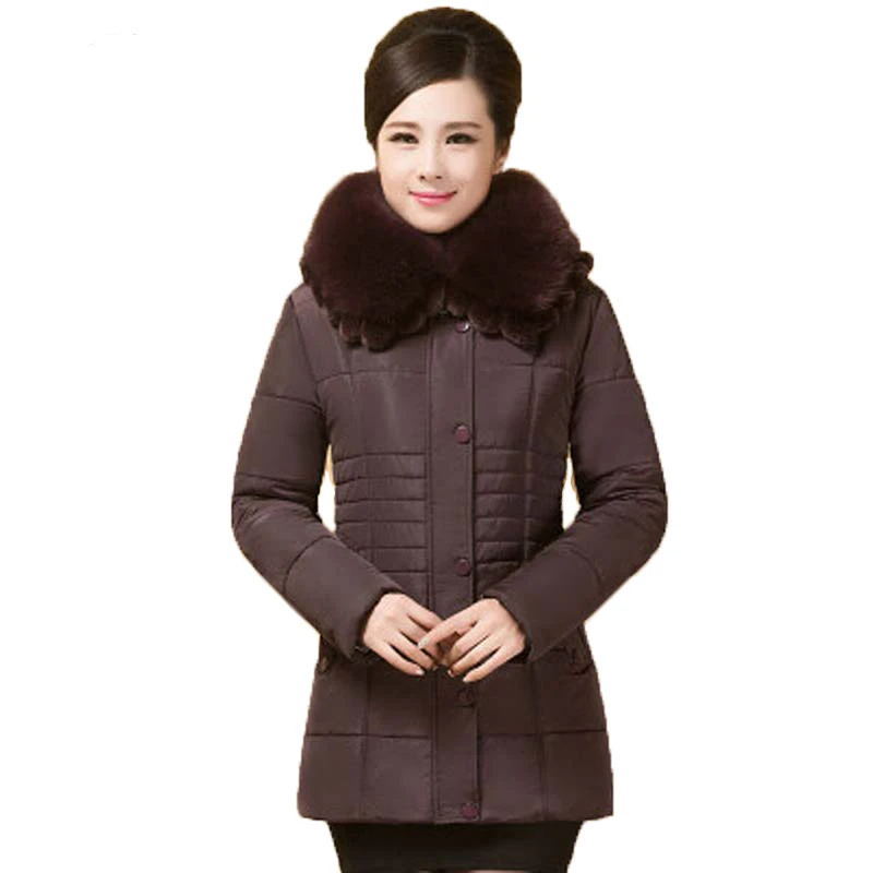 New 2016 winter warm fur collar Thicken Long down cotton jacket women middle aged slim hooded