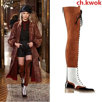 

CH.KWOK Women Runway Long Boot Fall Women's Lace Up Thigh High Boots Brown Black White Low Heel Boots Plus Size 42 Women Booties