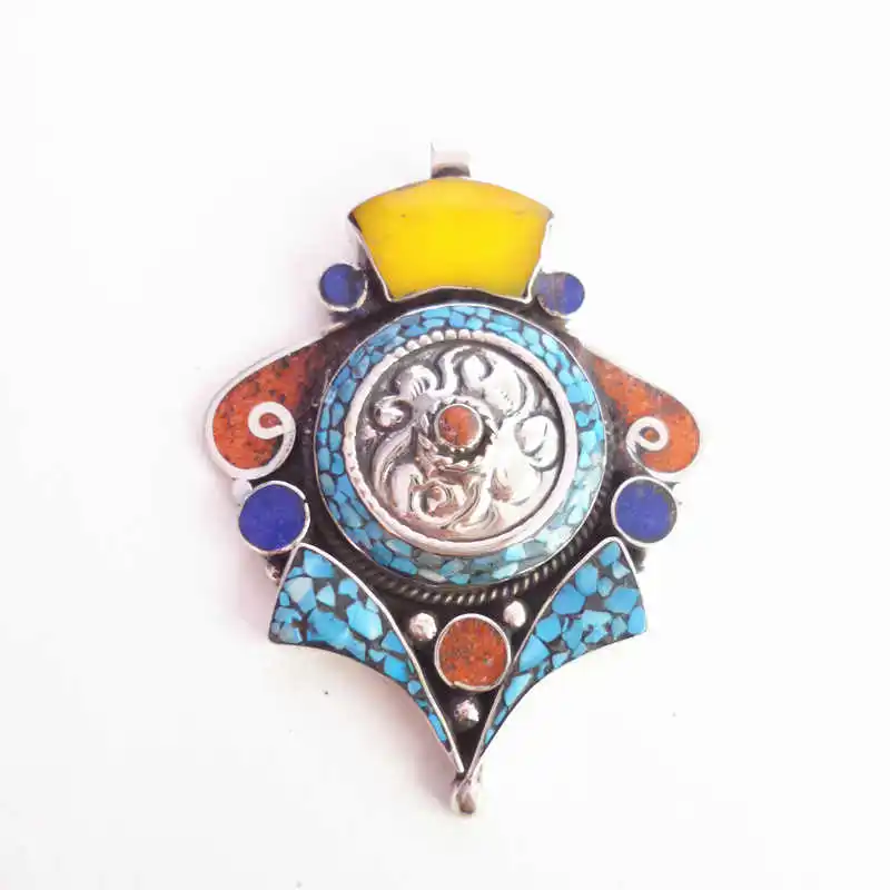 

TBP460 Indian Vintage Jewelry Copper Inlaid Colorful Stone Pendants Big