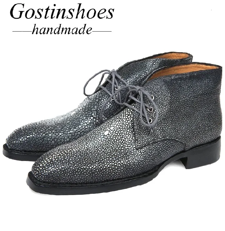 GOSTINSHOES/Роскошные мужские ботинки ручной работы Goodyear; модные рабочие ботинки ручной работы из кожи ската; безопасные ботильоны на шнуровке; SCF19 - Цвет: Серебристый