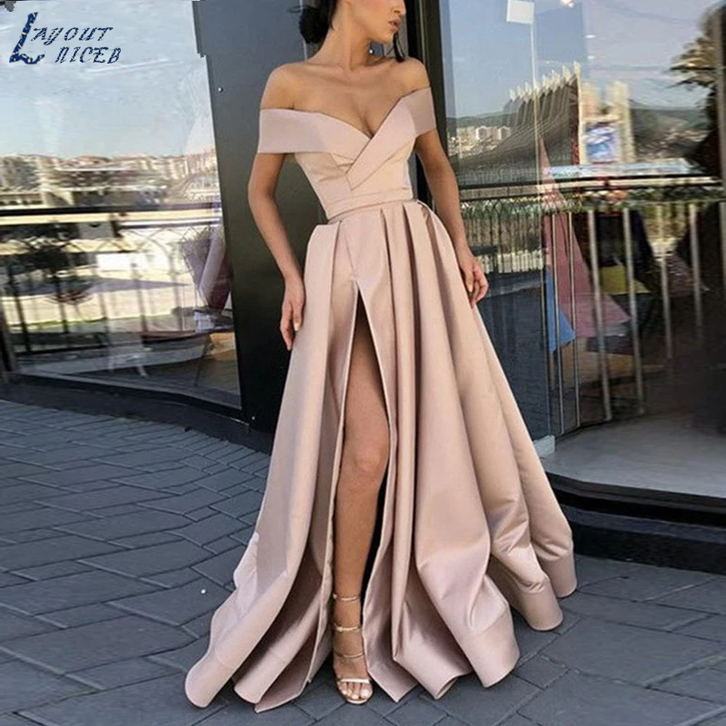 

AE1223 New Sexy Split Off the Shoulder Satin Evening Dresses Party Prom Dresses Formal Gowns Plus size Long Dresses with Pockets