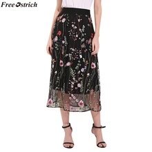 Страусиная Женская Летняя мода, элегантная женская сексуальная сетчатая вышитая черная Цветочная юбка с водорослями размера плюс, плиссированная сетчатая юбка
