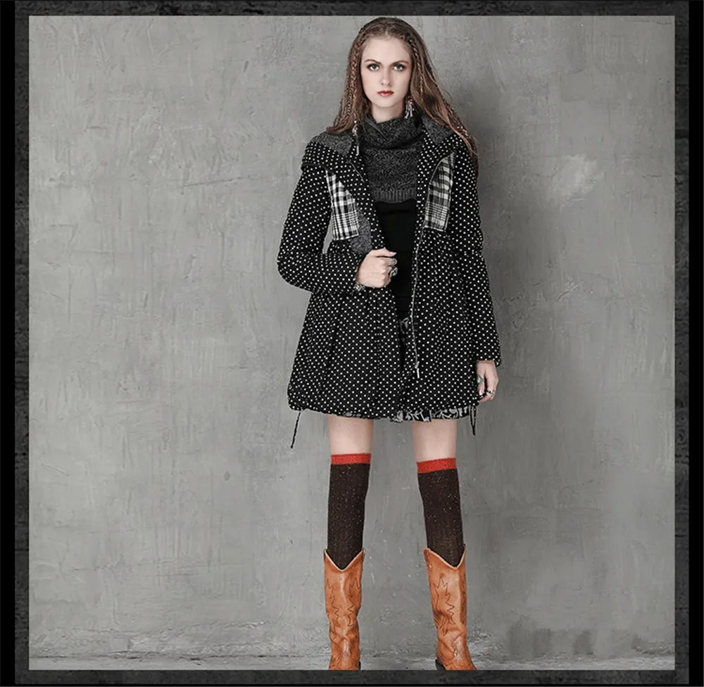 Vintage Thick Winter Women Hooded Coat 80% Cotton Polka Dot Patchwork Thicken Women Coats Warm Cotton Parka Linen Jacket Women (10)