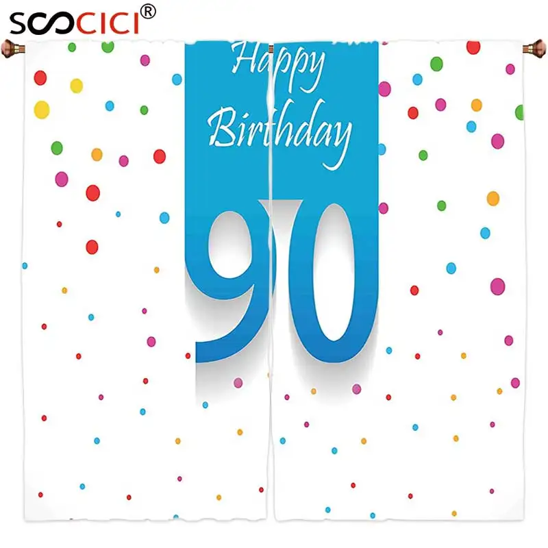 Window Curtains Treatments 2 Panels 90th Birthday Decorations Stylized Framework with Hand Writing Ninety Years Old Polka Dots | Дом и сад