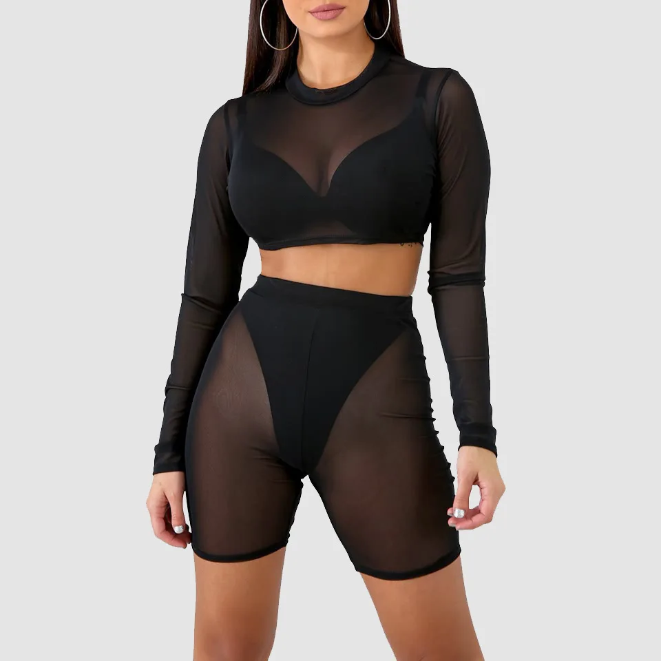 

Long Sleeve Mesh Cover-ups Black High Waist Beach Bathing Suit 2019 Summer Transparant Bikini Cover Ups for Women