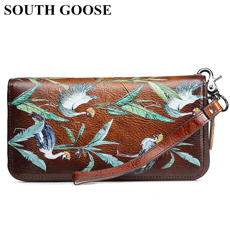 

SOUTH GOOSE Genuine Leather Women Wallet Female Vintage Long Clutch Bag Birds Embossing Purse High Quality Card Holder Phone Bag