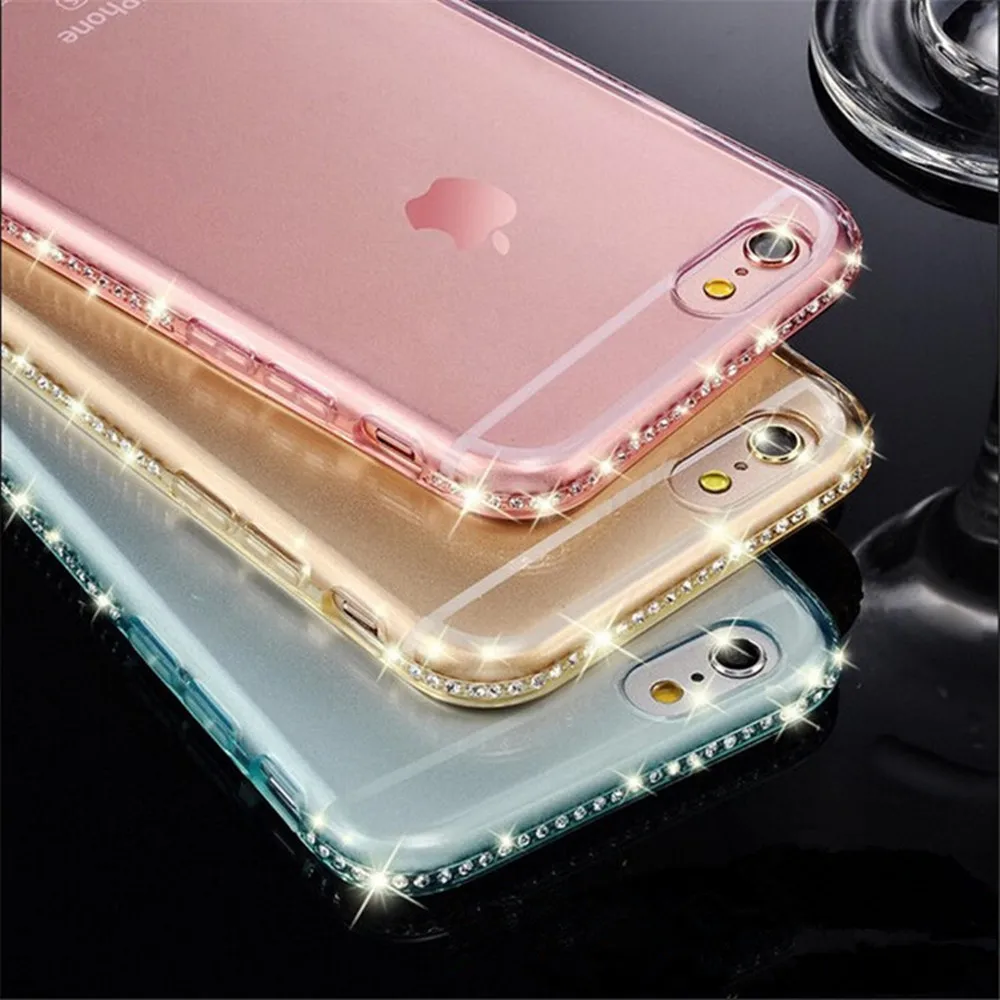 Luxury Ultra Thin Crystal Diamond Bling Gel Transparent Phone Case Cover for iPhone 5 5S 6 6S 7 7 Plus Cover case back bags