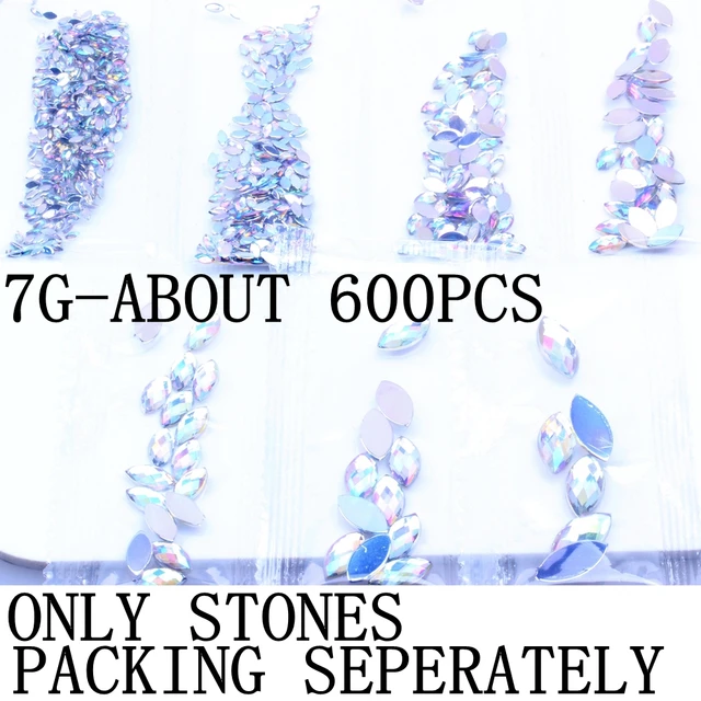 7G 600PCS 7 Sizes Acrylic Rhinestones Eye Shape Crystal AB Flat Back Nail Rhinestone 3D Non HotFix Nail Art Decoration DIY Tool Packing Seperately