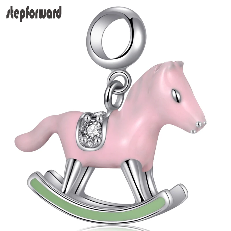 

Lovely High Quality Pink Enamel 925 Sterling Silver Hobbyhorse Hanging Charm For Bracelet And Necklace Charm Fit PAN Bracelets