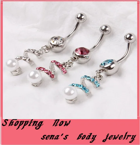 Multi colors Pearl Dangle Rhinestone Plugs and Tunnels Navel Body Piercing Navel Belly Button