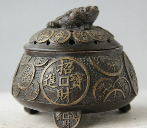 

5" Old Marked Chinese Bronze Wealth Golden Toad Spittor Incense Burner Censer r S0706