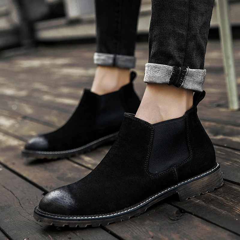 

Ankle Round Toe Zip Men Chelsea Boots Sewing Solid Vintage Motorcycle Boots Fashion British Style Shoes