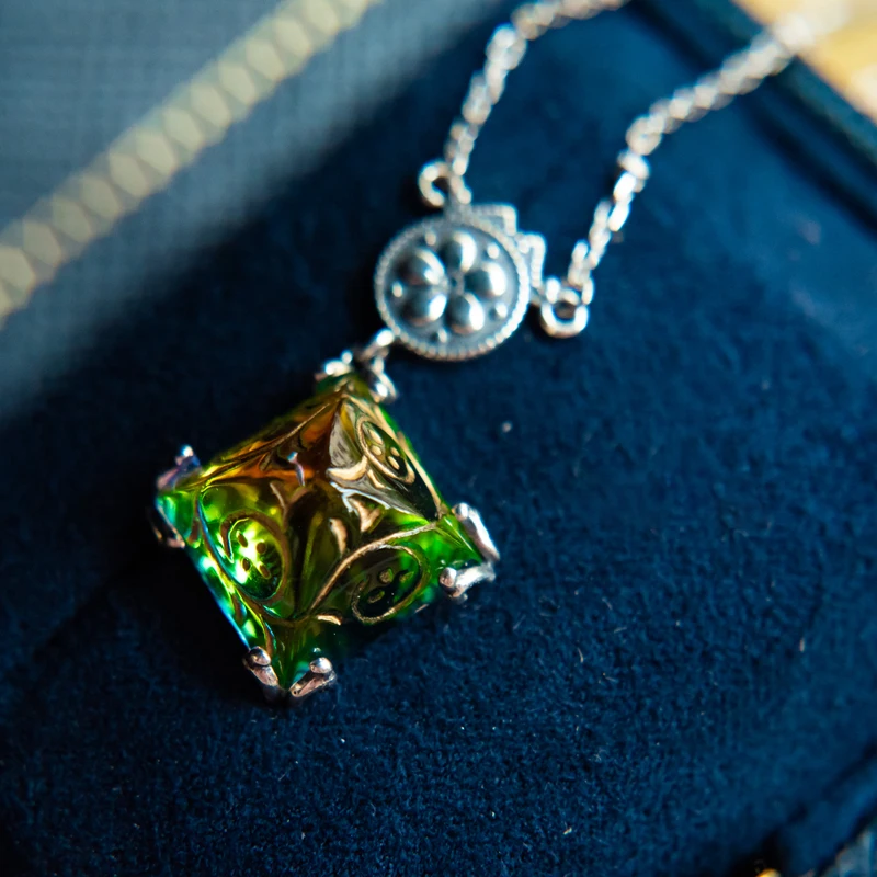 

Trendy Square Curio Colored Glazed Crystal Pendant Necklace European Retro Rainbow Magic Stone S925 Silver Necklace for Women